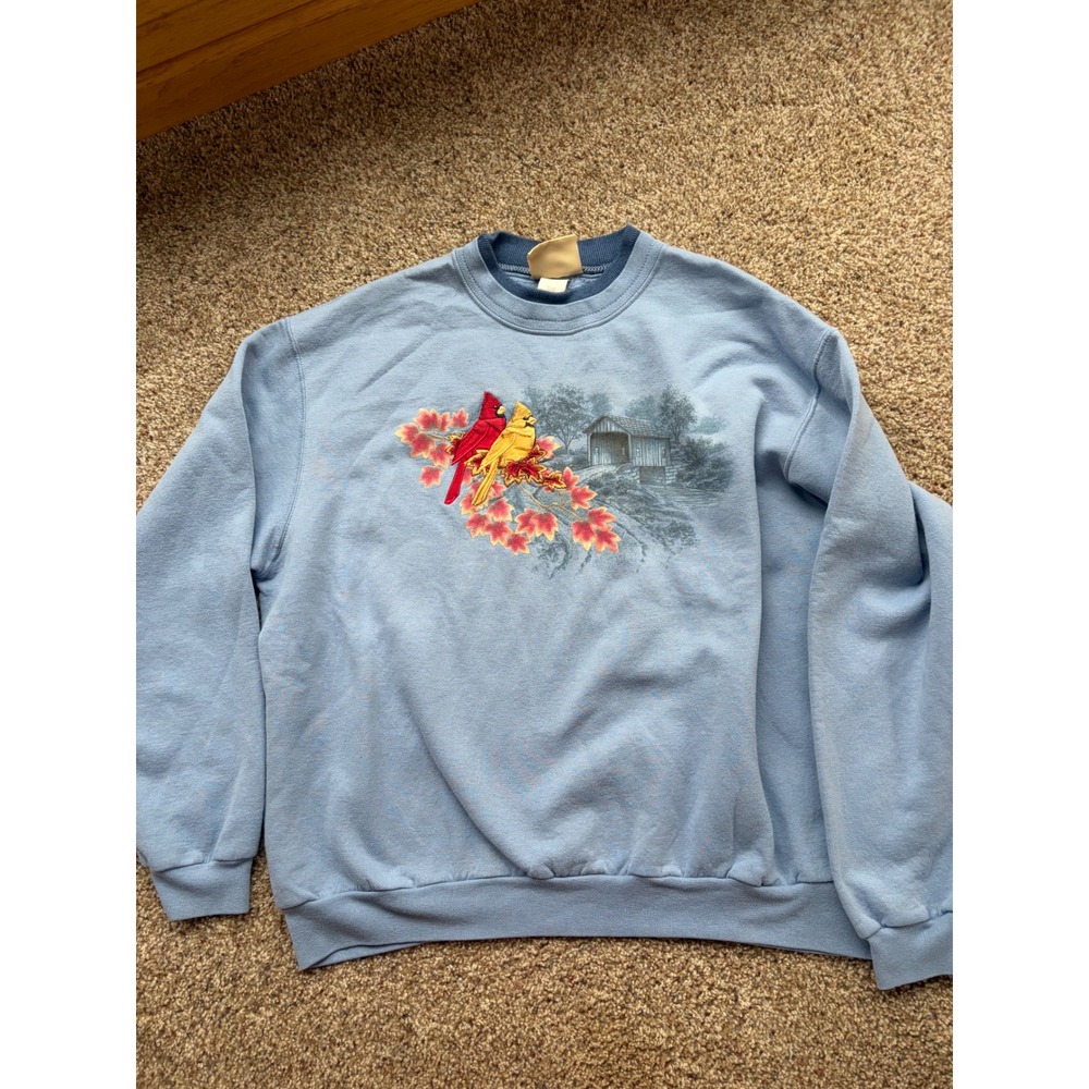 Vintage Embroidered Cardinal Covered Bridge Sweatshirt Light Blue XL